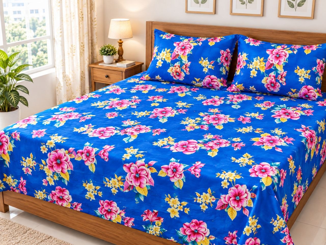 Double Size Flat Cotton Bed Sheet- Two Pillow Covers Included